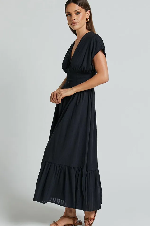 Allegra Midi Dress 8211 Deep V Neck A Line Dress In Black Women Showpo Dresses