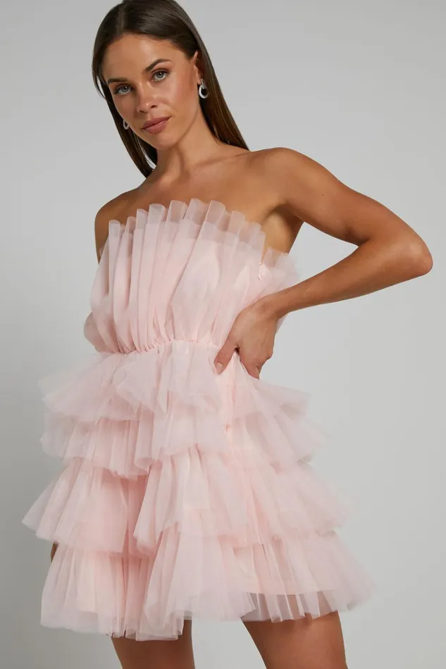 Allora Mini Dress 8211 Tiered Tulle Fit And Flare Dress In Pale Pink Women Showpo Dresses