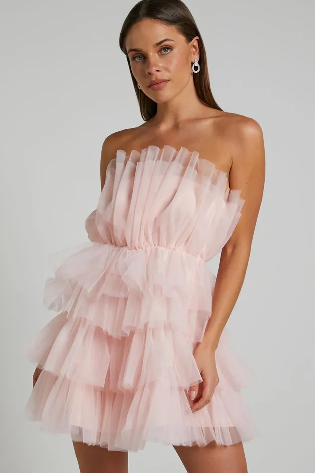 Allora Mini Dress 8211 Tiered Tulle Fit And Flare Dress In Pale Pink Women Showpo Dresses
