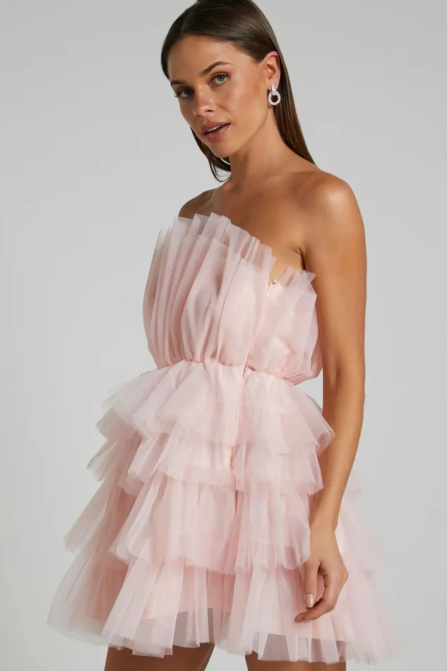 Allora Mini Dress 8211 Tiered Tulle Fit And Flare Dress In Pale Pink Women Showpo Dresses