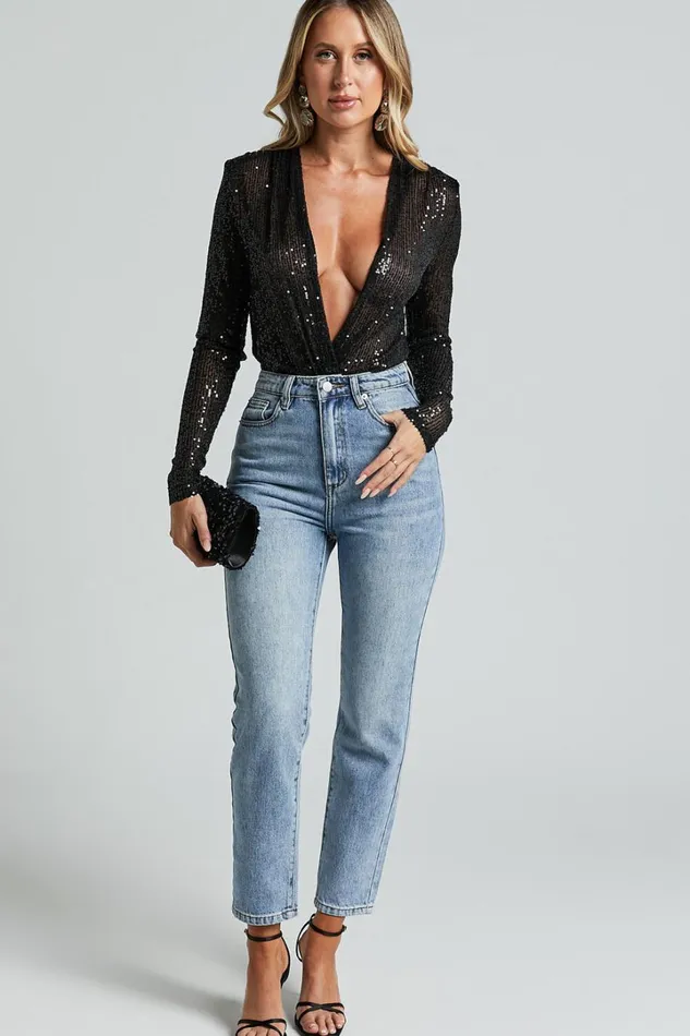 Alora Bodysuit 8211 Sequin Wrap Front Long Sleeve Bodysuit In Black Sequin Women Showpo Curve Clothes