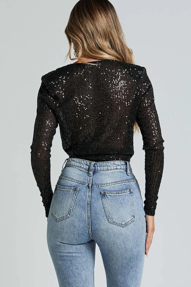 Alora Bodysuit 8211 Sequin Wrap Front Long Sleeve Bodysuit In Black Sequin Women Showpo Curve Clothes