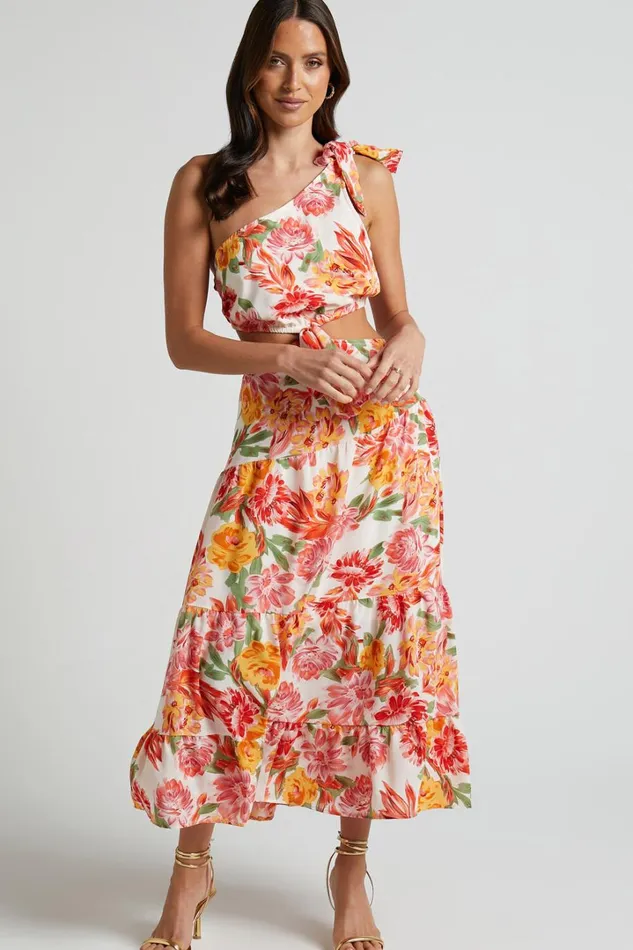 Amabella Midi Dress 8211 Tie One Shoulder Cut Out Dress In Orange Floral Women Showpo Dresses Amabella Midi Dress 8211 Tie One Shoulder Cut Out Dress In Orange Floral Women Showpo Dresses