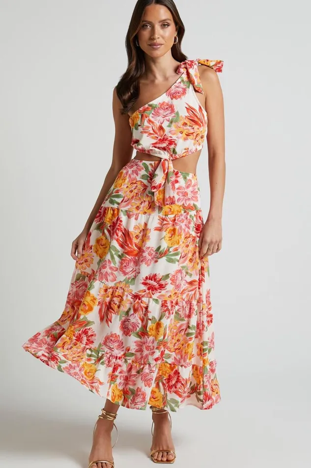Amabella Midi Dress 8211 Tie One Shoulder Cut Out Dress In Orange Floral Women Showpo Dresses