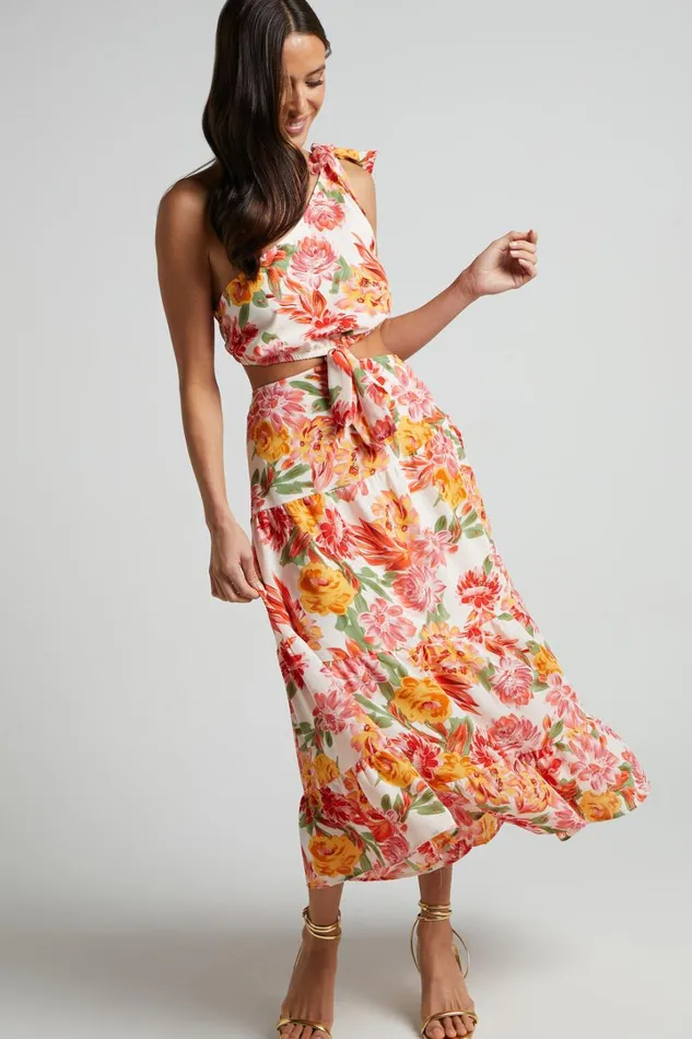 Amabella Midi Dress 8211 Tie One Shoulder Cut Out Dress In Orange Floral Women Showpo Dresses