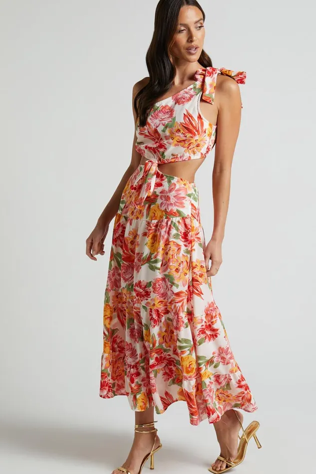 Amabella Midi Dress 8211 Tie One Shoulder Cut Out Dress In Orange Floral Women Showpo Dresses
