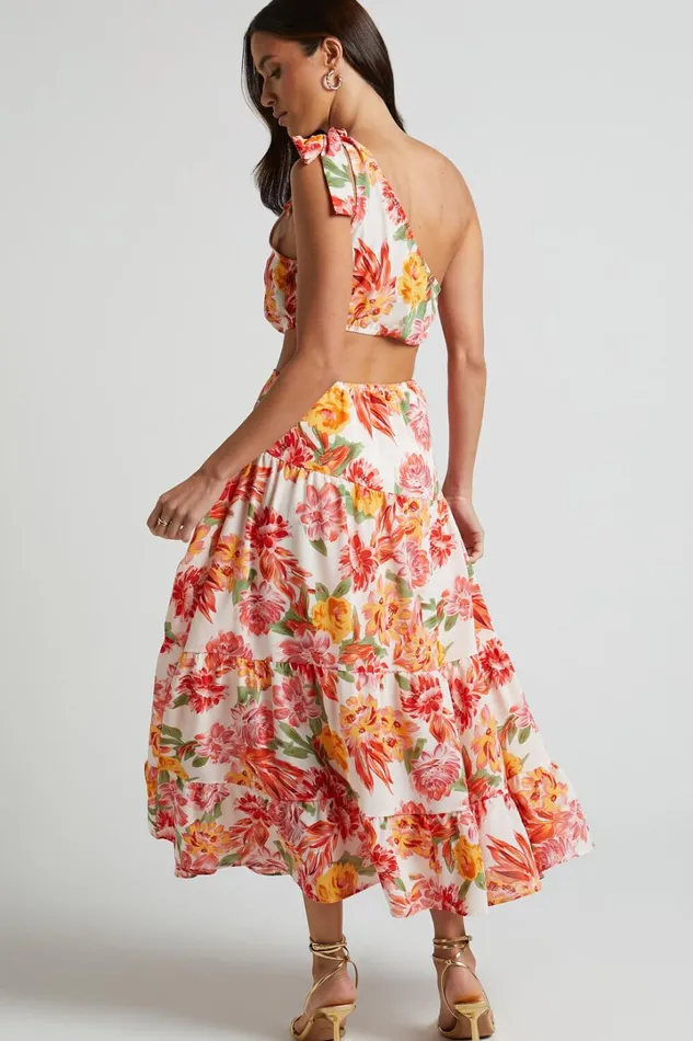 Amabella Midi Dress 8211 Tie One Shoulder Cut Out Dress In Orange Floral Women Showpo Dresses