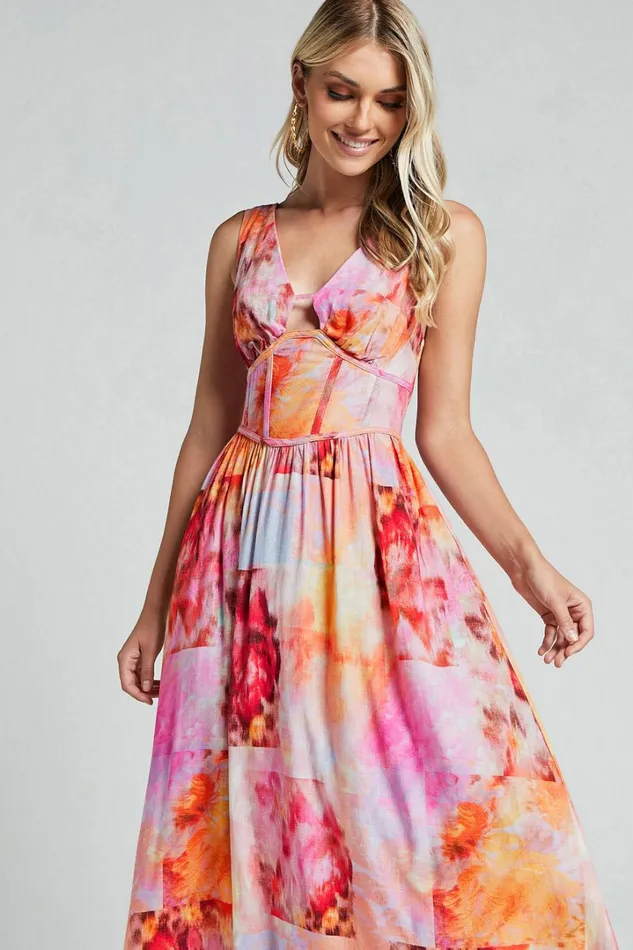 Amalie The Label 8211 Chamika Linen Blend Bustier Double Tie Back Midi Dress In Marsielle Print Women Showpo Conscious