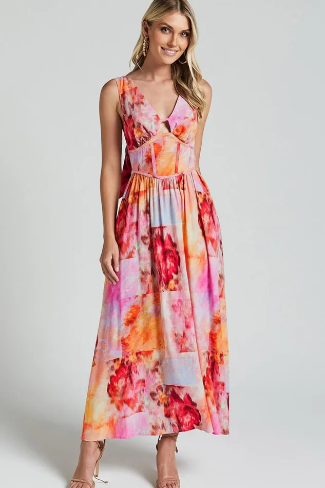 Amalie The Label 8211 Chamika Linen Blend Bustier Double Tie Back Midi Dress In Marsielle Print Women Showpo Conscious