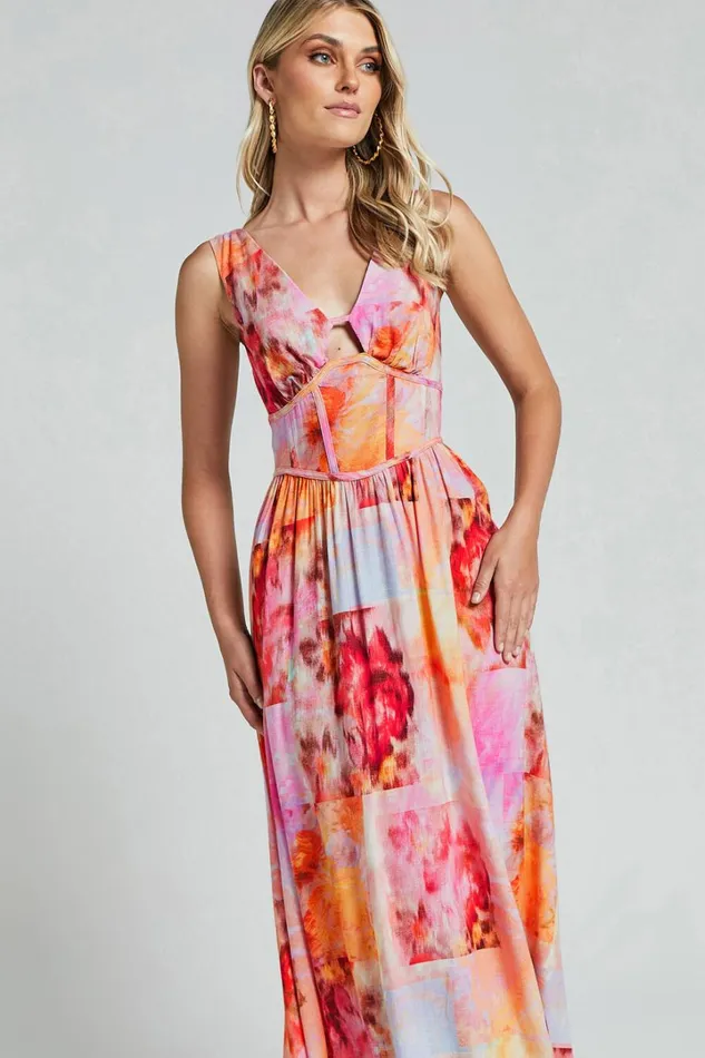 Amalie The Label 8211 Chamika Linen Blend Bustier Double Tie Back Midi Dress In Marsielle Print Women Showpo Conscious