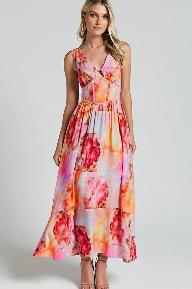 Amalie The Label 8211 Chamika Linen Blend Bustier Double Tie Back Midi Dress In Marsielle Print Women Showpo Conscious
