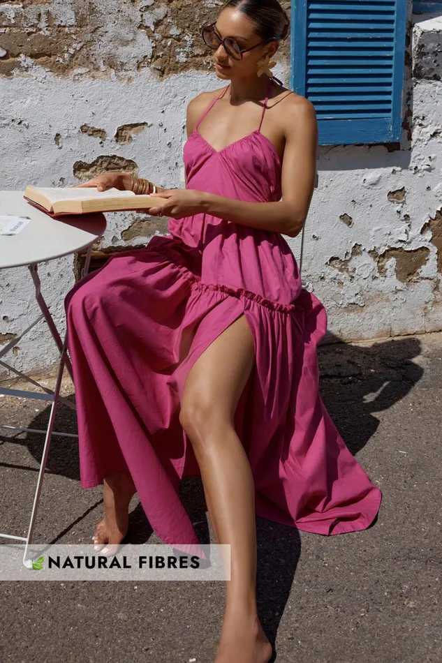 Amalie The Label 8211 Elysees Linen Blend Strappy Halter Midi Dress In Magenta Women Showpo Dresses