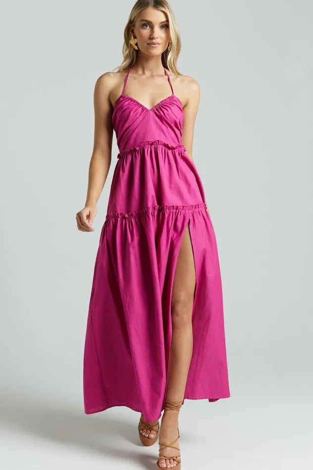 Amalie The Label 8211 Elysees Linen Blend Strappy Halter Midi Dress In Magenta Women Showpo Dresses