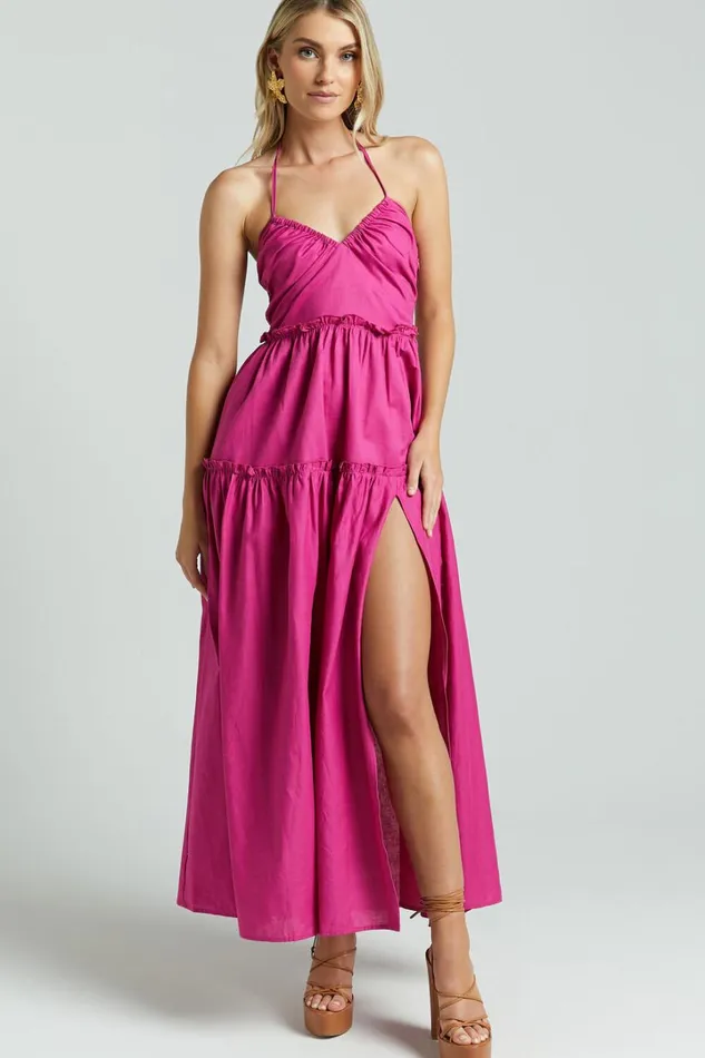 Amalie The Label 8211 Elysees Linen Blend Strappy Halter Midi Dress In Magenta Women Showpo Dresses
