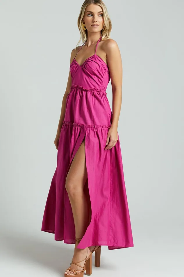 Amalie The Label 8211 Elysees Linen Blend Strappy Halter Midi Dress In Magenta Women Showpo Dresses