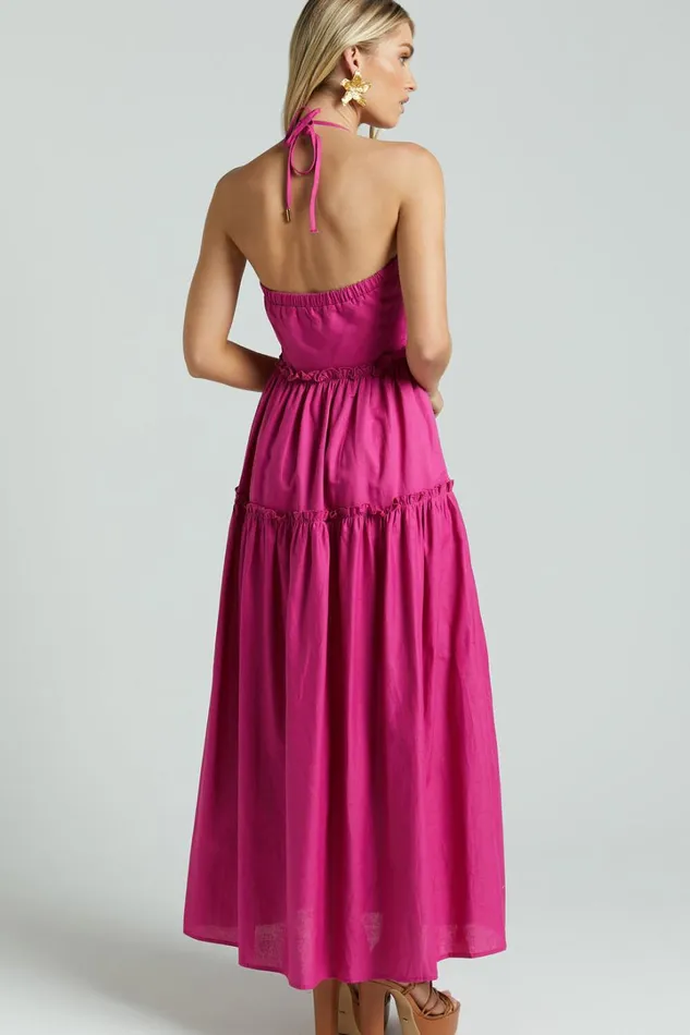 Amalie The Label 8211 Elysees Linen Blend Strappy Halter Midi Dress In Magenta Women Showpo Dresses