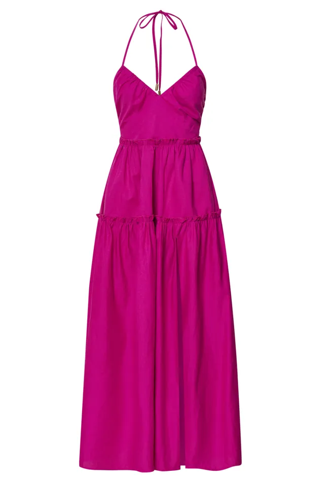 Amalie The Label 8211 Elysees Linen Blend Strappy Halter Midi Dress In Magenta Women Showpo Dresses