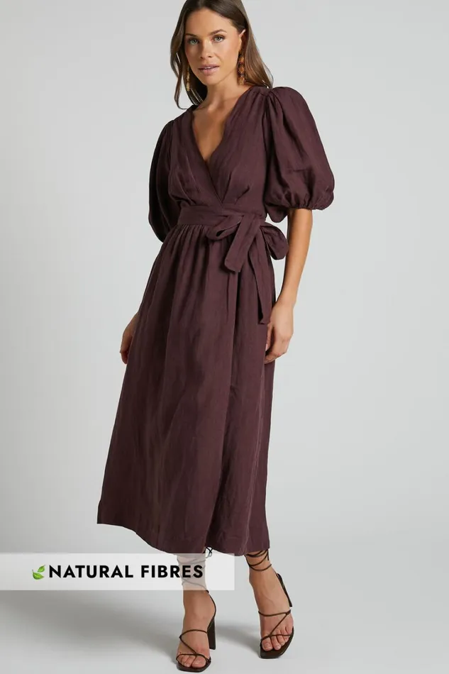 Amalie The Label 8211 Franc Linen Puff Sleeve Wrap Midi Dress In Dark Plum Women Showpo Curve Clothes Amalie The Label 8211 Franc Linen Puff Sleeve Wrap Midi Dress In Dark Plum Women Showpo Curve Clothes