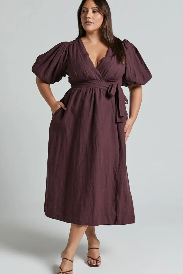 Amalie The Label 8211 Franc Linen Puff Sleeve Wrap Midi Dress In Dark Plum Women Showpo Curve Clothes