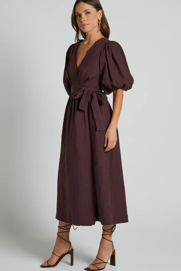 Amalie The Label 8211 Franc Linen Puff Sleeve Wrap Midi Dress In Dark Plum Women Showpo Curve Clothes