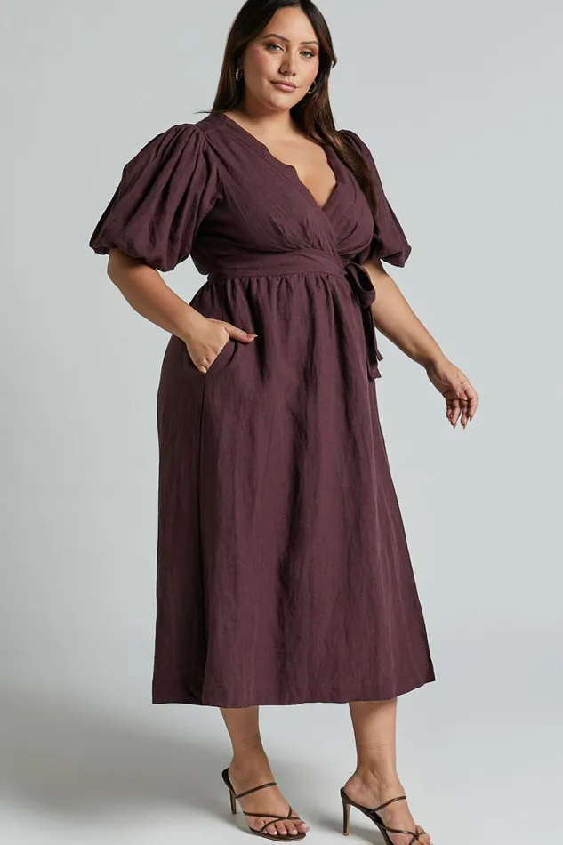 Amalie The Label 8211 Franc Linen Puff Sleeve Wrap Midi Dress In Dark Plum Women Showpo Curve Clothes