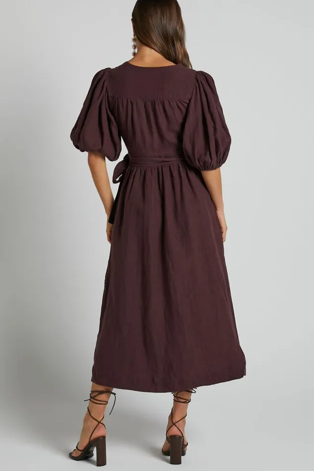 Amalie The Label 8211 Franc Linen Puff Sleeve Wrap Midi Dress In Dark Plum Women Showpo Curve Clothes