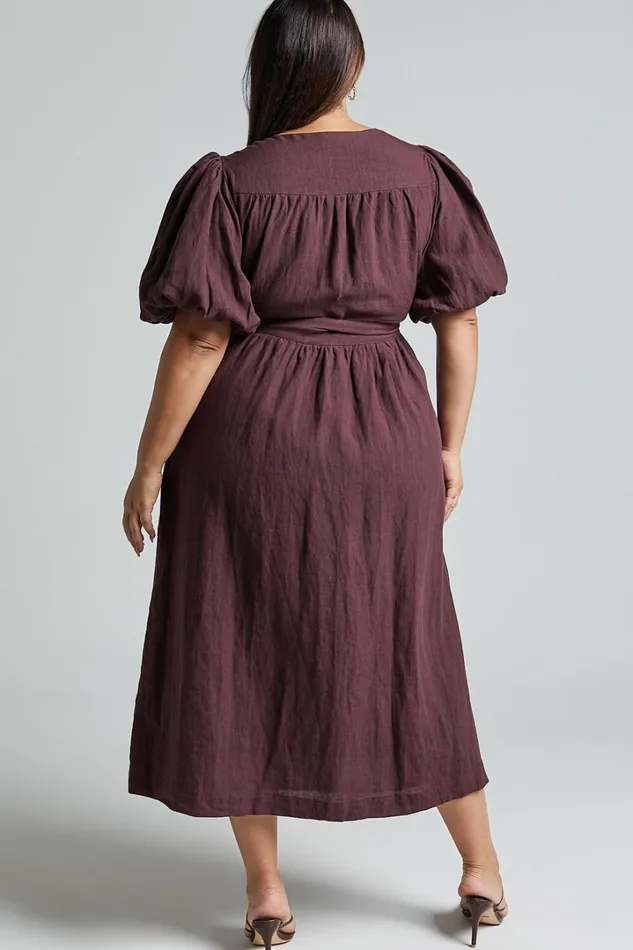 Amalie The Label 8211 Franc Linen Puff Sleeve Wrap Midi Dress In Dark Plum Women Showpo Curve Clothes