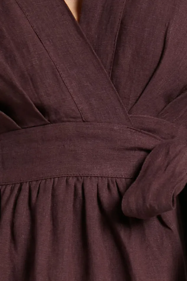 Amalie The Label 8211 Franc Linen Puff Sleeve Wrap Midi Dress In Dark Plum Women Showpo Curve Clothes