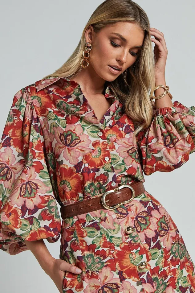 Amalie The Label 8211 Hanae Linen Blend Collared Button Through Puff Sleeve Shirt In Musee Print Women Showpo Tops