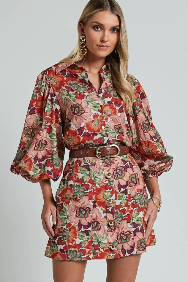 Amalie The Label 8211 Hanae Linen Blend Collared Button Through Puff Sleeve Shirt In Musee Print Women Showpo Tops