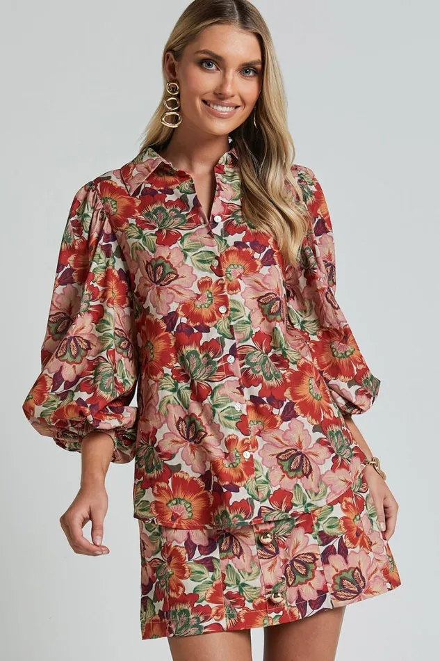 Amalie The Label 8211 Hanae Linen Blend Collared Button Through Puff Sleeve Shirt In Musee Print Women Showpo Tops