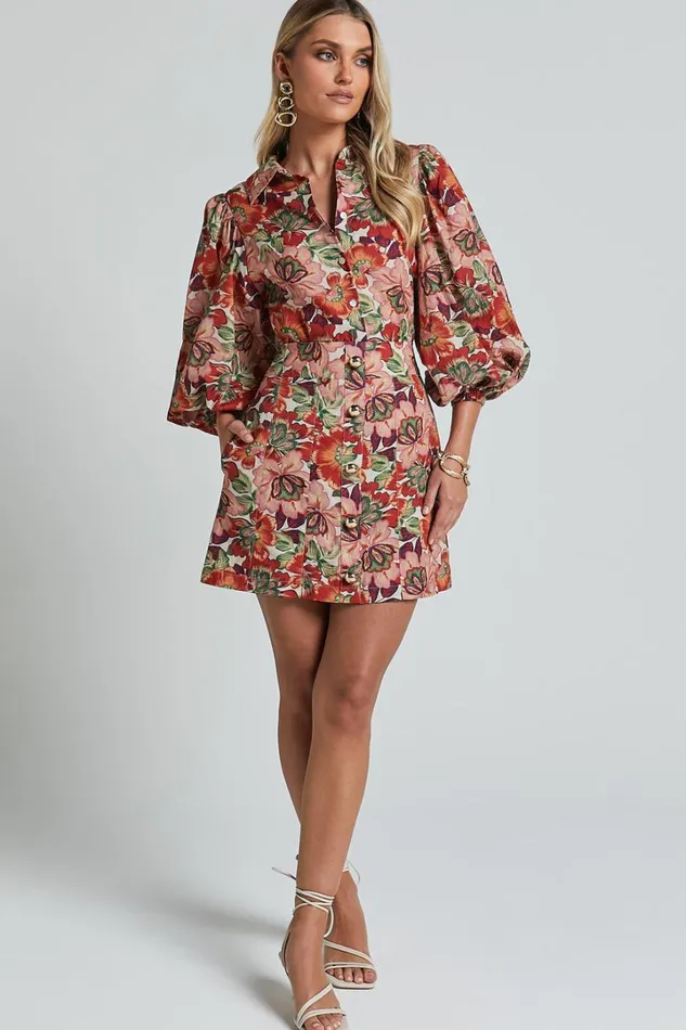 Amalie The Label 8211 Hanae Linen Blend Collared Button Through Puff Sleeve Shirt In Musee Print Women Showpo Tops