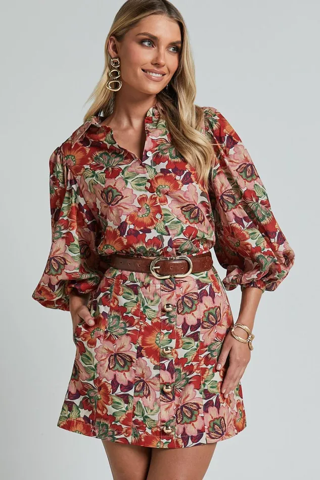 Amalie The Label 8211 Hanae Linen Blend Collared Button Through Puff Sleeve Shirt In Musee Print Women Showpo Tops