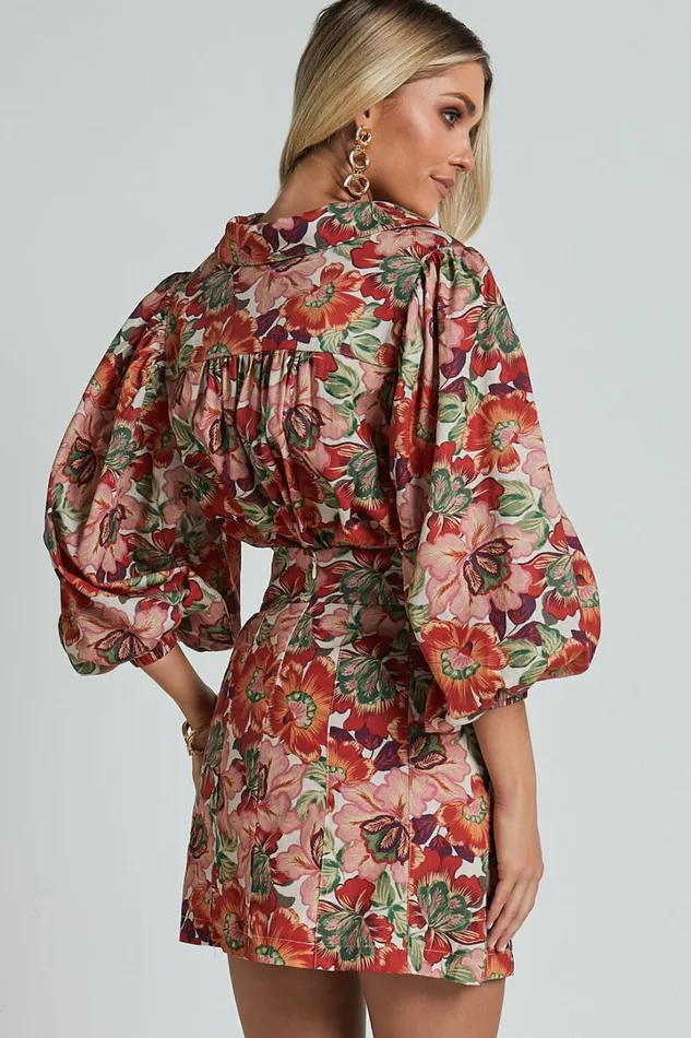 Amalie The Label 8211 Hanae Linen Blend Collared Button Through Puff Sleeve Shirt In Musee Print Women Showpo Tops