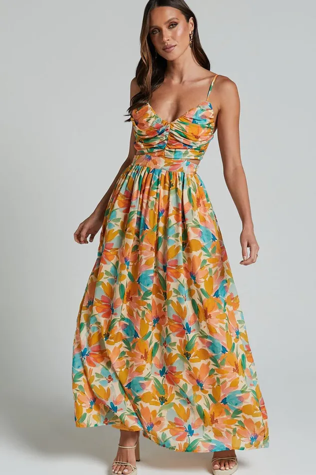 Amalie The Label 8211 Jaida Linen Blend Ruched Cut Out Maxi Dress In Manhattan Print Women Showpo Dresses