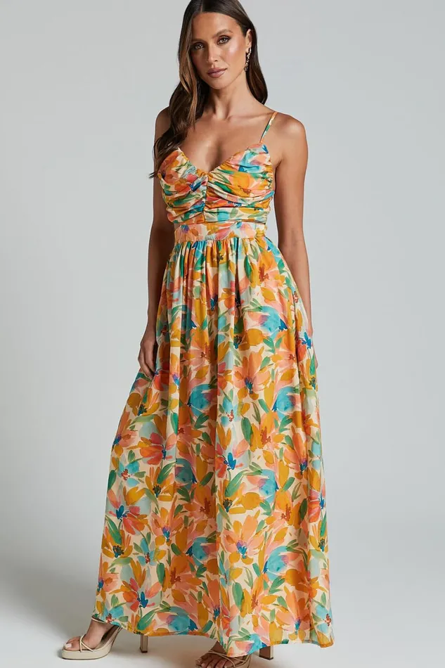 Amalie The Label 8211 Jaida Linen Blend Ruched Cut Out Maxi Dress In Manhattan Print Women Showpo Dresses