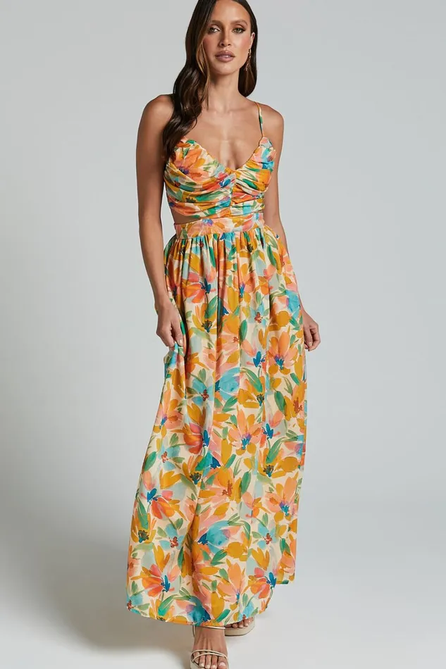 Amalie The Label 8211 Jaida Linen Blend Ruched Cut Out Maxi Dress In Manhattan Print Women Showpo Dresses