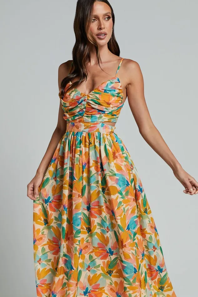Amalie The Label 8211 Jaida Linen Blend Ruched Cut Out Maxi Dress In Manhattan Print Women Showpo Dresses
