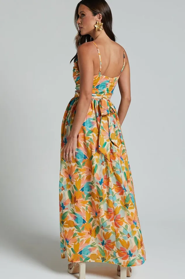 Amalie The Label 8211 Jaida Linen Blend Ruched Cut Out Maxi Dress In Manhattan Print Women Showpo Dresses