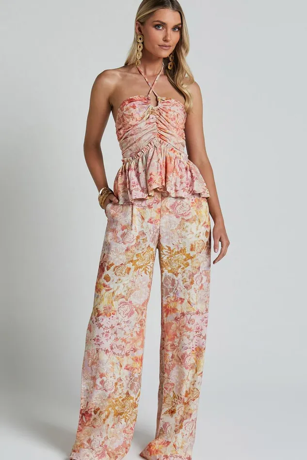 Amalie The Label 8211 Maelynn Linen Blend Halter Ruched Top In Morocco Print Women Showpo Tops