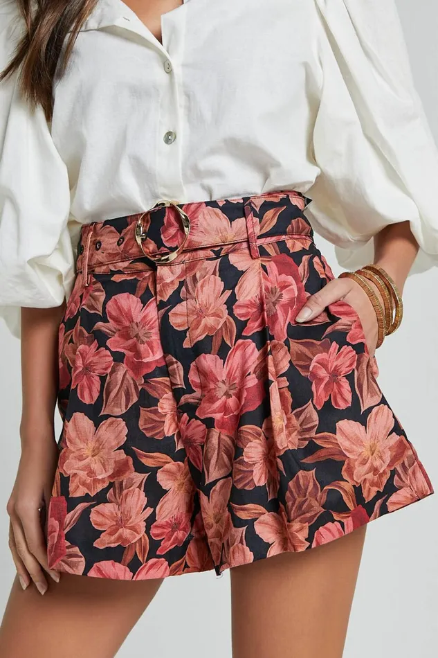 Amalie The Label 8211 Noemie Linen Blend High Waisted Belted Tailored Shorts In Atalie Print Women Showpo Shorts