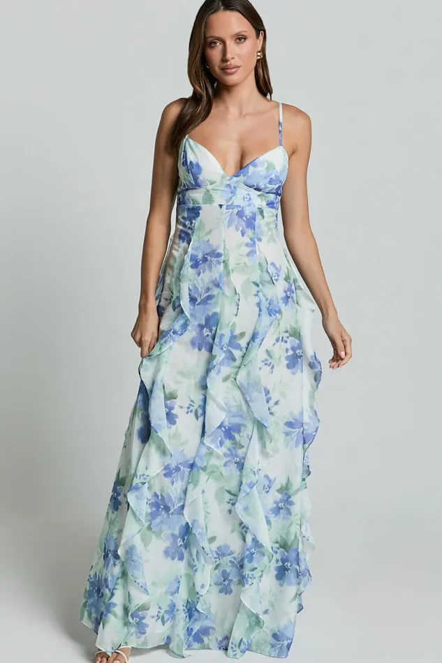 Amalie The Label 8211 Rosalie Strappy Cut Out Ruffle Detail Maxi Dress In Elysian Print Women Showpo Dresses