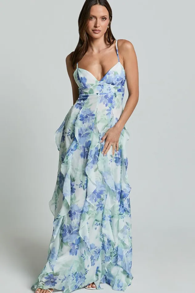 Amalie The Label 8211 Rosalie Strappy Cut Out Ruffle Detail Maxi Dress In Elysian Print Women Showpo Dresses