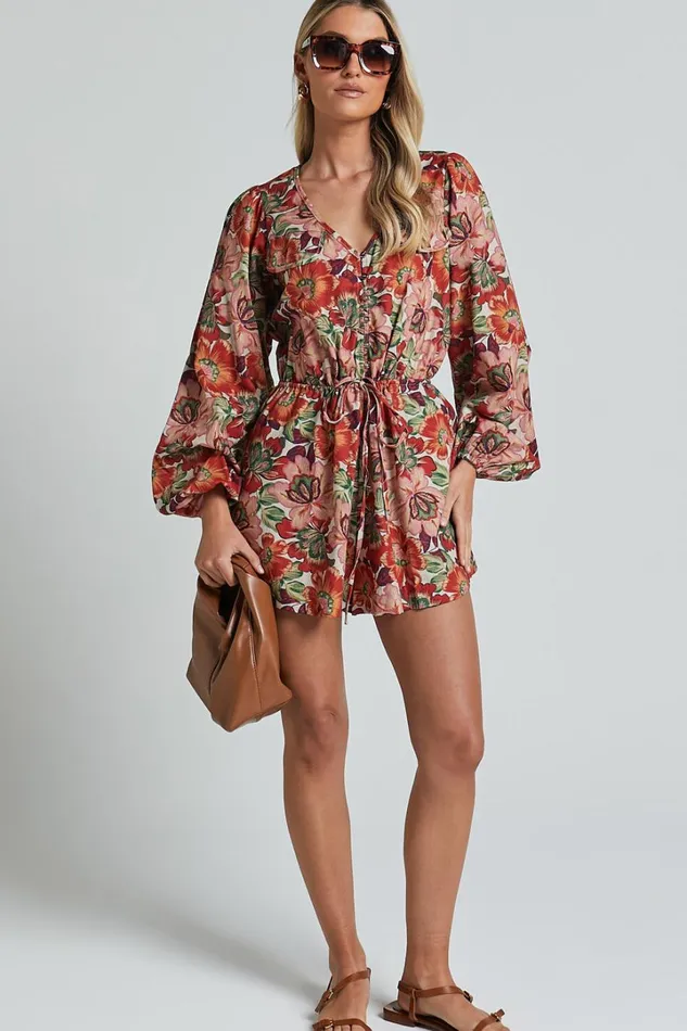 Amalie The Label 8211 Soliel Linen Blend Long Bishop Sleeve Playsuit In Musee Print Women Showpo Rompers
