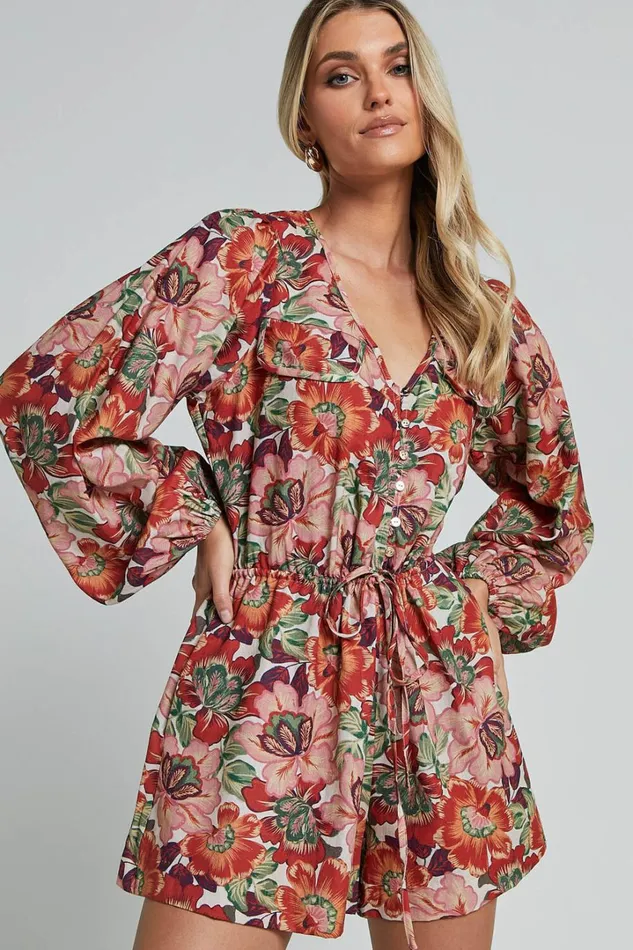Amalie The Label 8211 Soliel Linen Blend Long Bishop Sleeve Playsuit In Musee Print Women Showpo Rompers