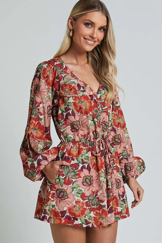 Amalie The Label 8211 Soliel Linen Blend Long Bishop Sleeve Playsuit In Musee Print Women Showpo Rompers