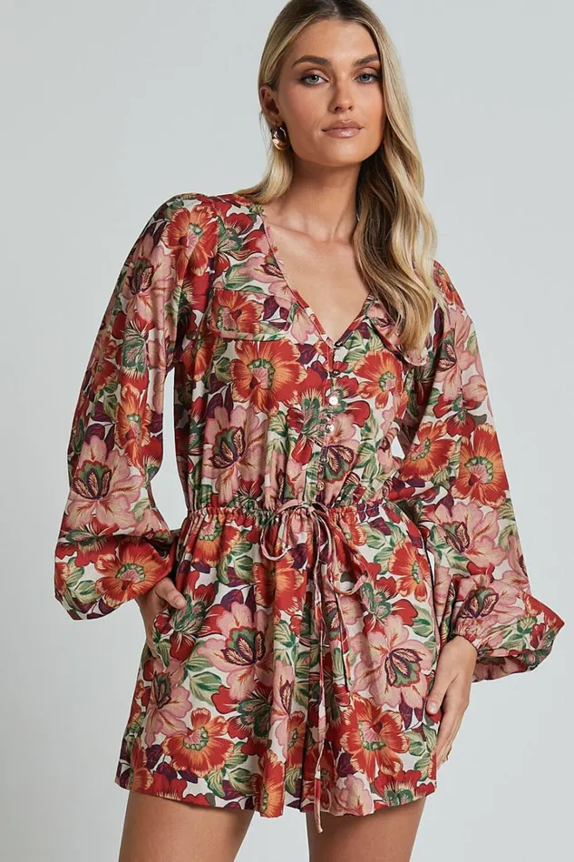 Amalie The Label 8211 Soliel Linen Blend Long Bishop Sleeve Playsuit In Musee Print Women Showpo Rompers