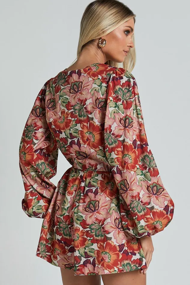 Amalie The Label 8211 Soliel Linen Blend Long Bishop Sleeve Playsuit In Musee Print Women Showpo Rompers