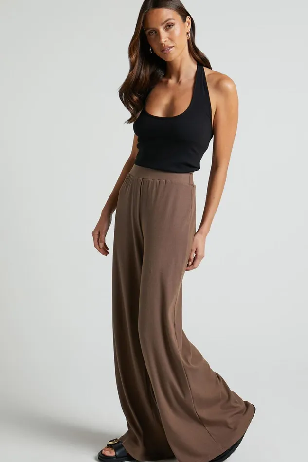 Amalthea Pants 8211 High Waisted Jersey Rib Wide Leg Pants In Mocha Women Showpo Loungewear