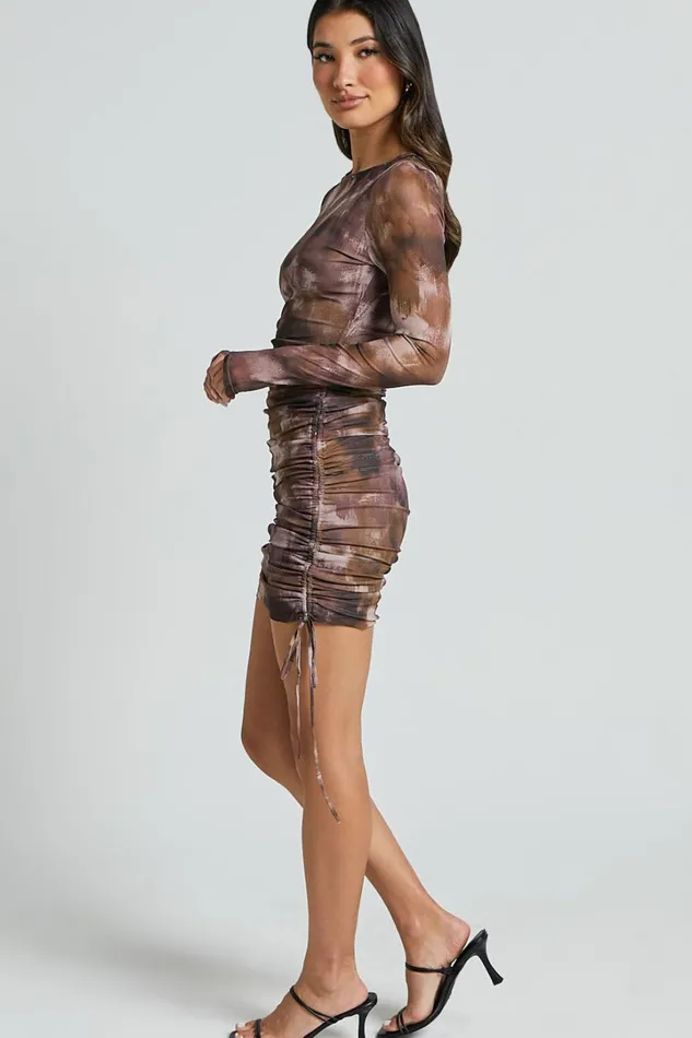 Amira Mini Dress 8211 Ruched Mesh Dress In Rustic Haze Print Women Showpo Dresses